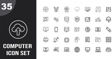 Diverse computer icon set featuring cloud upload and technology symbols for digital projects