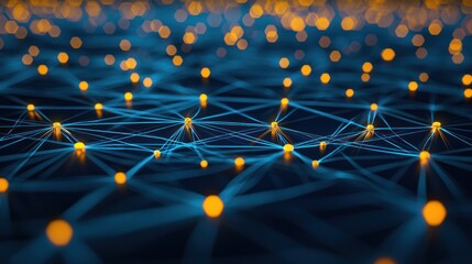 Wall Mural - a network of interconnected blue and yellow dots on a dark blue background with a glowing yellow dot