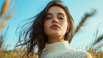 Wall Mural - a woman with long, wavy hair standing in a field of tall grass, wearing a white sweater.