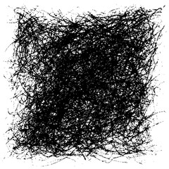 A dense network of chaotic black lines creating a textured and abstract visual pattern on a white background