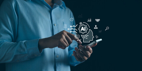 Wall Mural - AI, Artificial intelligence technology, Machine learning, Marketing data analysis with Ai, Analyzing customer behavior, Data science, Assistant automation software, Chatbot on business network.