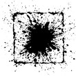 © Discover stocks - Black ink splatter design with a square frame outline and scattered droplets on a white background art