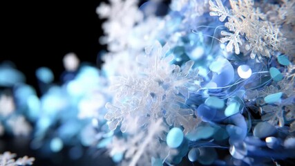 Close-up of intricate, detailed snowflakes against a background of bokeh and soft blue tones