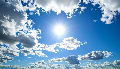Poster - blue sky with clouds and sun reflection.The sun shines bright in the daytime in summe .