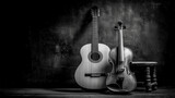 A guitar classic and violin on the wall background , black and white photo.