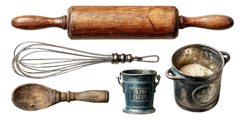 Wall Mural - Vintage Cooking Utensils and Tools on Isolated Transparent Background