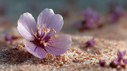 macro close up of delicate flower blooming on sandy ground with soft background natural outdoor environment spring blossom wild flora and fragile botanical beauty scene