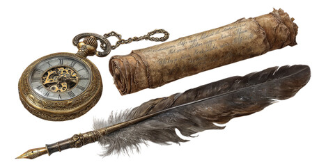 Wall Mural - Vintage Pocket Watch, Scroll, and Quill on Transparent Background