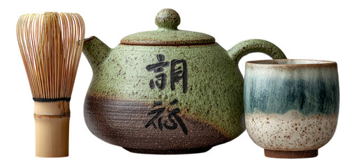 Wall Mural - Traditional Japanese Tea Set with Whisk and Cup Isolated on Background