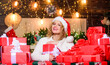 © be free - Gifts integral part of new year celebration. Beautiful wrapped gifts. Festive mood. Gift shop. Happy woman and bunch of gifts boxes. Xmas concept. December happy moments. Girl ready for celebration