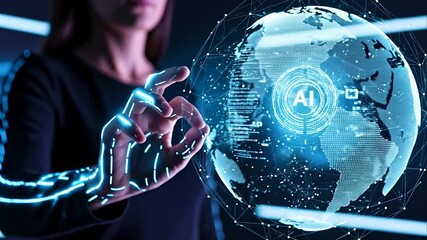Woman touching a futuristic globe with ai technology and glowing data streams