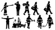 © KamrulHasan - Silhouettes of first responders in various poses and roles on a white background, including firefighters, police officers, and paramedics