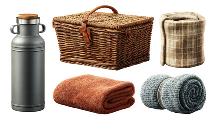 Wall Mural - Rustic Picnic Set with Woven Basket and Cozy Blankets and Bottles