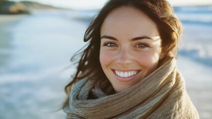 Wall Mural - a woman wearing a scarf around her neck on the beach, perfect for summer and travel scenes