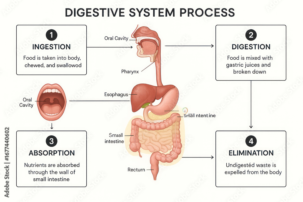 Digesive Process Digestive System Process Diagram: Illustration of Human Digestion ...
