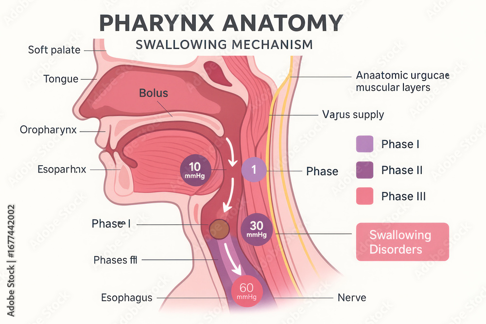 Pharynx Anatomy: Swallowing Mechanism Illustration of the human throat and swallowing process ...