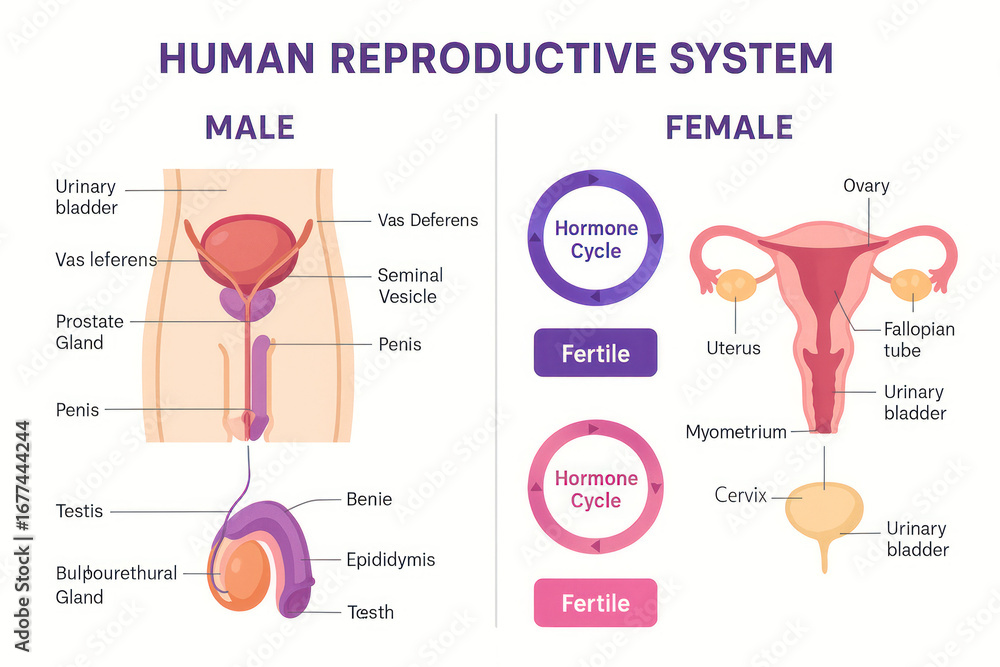 Human Reproductive System Illustration: Male and Female Anatomy Diagram ...