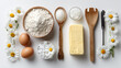 © MdAl - Flat lay composition of baking ingredients on a clean white background, including flour, eggs, butter, sugar, and kitchen utensils, styled with fresh daisies for a bright and natural aesthetic
