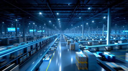 Wall Mural - A massive fully automated lights-out warehouse at night, showcasing robotic systems, industrial automation, and high-tech logistics