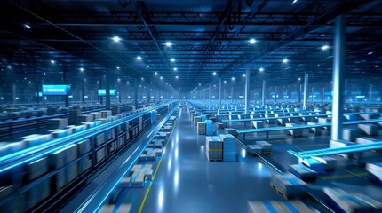 Wall Mural - A massive fully automated lights-out warehouse at night, showcasing robotic systems, industrial automation, and high-tech logistics
