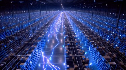 Wall Mural - A massive fully automated lights-out warehouse at night, showcasing robotic systems, industrial automation, and high-tech logistics