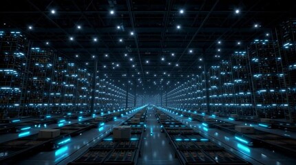 Wall Mural - A massive fully automated lights-out warehouse at night, showcasing robotic systems, industrial automation, and high-tech logistics