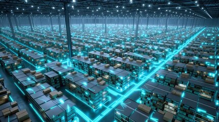 Wall Mural - A massive fully automated lights-out warehouse at night, showcasing robotic systems, industrial automation, and high-tech logistics