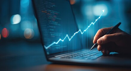 Person using laptop with a growing graph overlay
