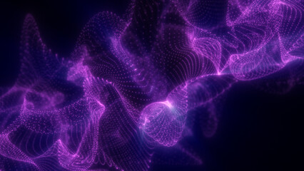 Wall Mural - vivid purple glowing particles form an intricate dynamic mesh in dark space, resembling a flowing di