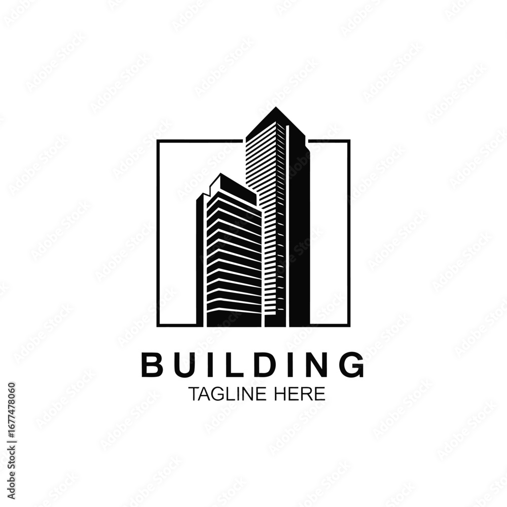 Black and white building logo featuring two skyscrapers inside a square ...