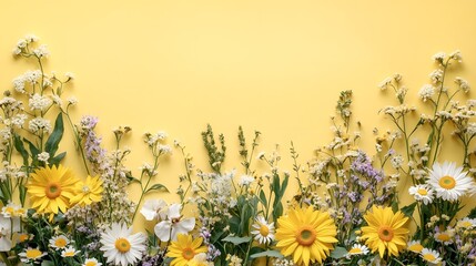 Wall Mural - a vibrant arrangement of wildflowers and herbs arranged artfully against a pale yellow background.