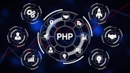 PHP programming language concept with business and technology icons in a circular diagram code software