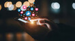 © Cla78 - Captivating hand scrolling social media on phone with vibrant likes and hearts at night bokeh background