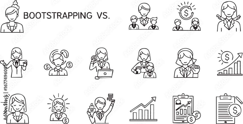 Collection of outline icons about bootstrapping vs venture capital ...