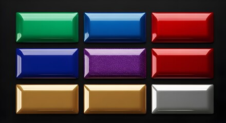 Colorful Rectangular Buttons in Various Colors Set on Black Background | Polished Textured Shapes for Graphic Design Elements and User Interface
