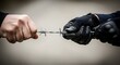 © Vektor Stokart - Two hands, one bare and one gloved, gripping and pulling a strand of barbed wire, symbolizing conflict or struggle