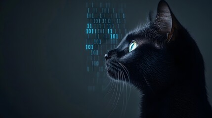 Black cat with binary code, technology concept