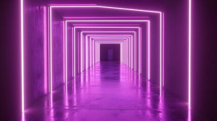 Wall Mural - a captivating neon-lit corridor, bathed in vibrant purple hues, leads to an unseen destination.