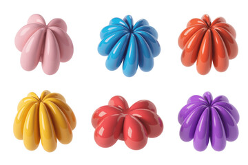 Wall Mural - Six colorful, glossy, 3D flower-like objects on a transparent background. background removed