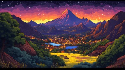 Wall Mural - a picturesque vista showcases a valley nestled amidst towering mountains, bathed in the warm hues of