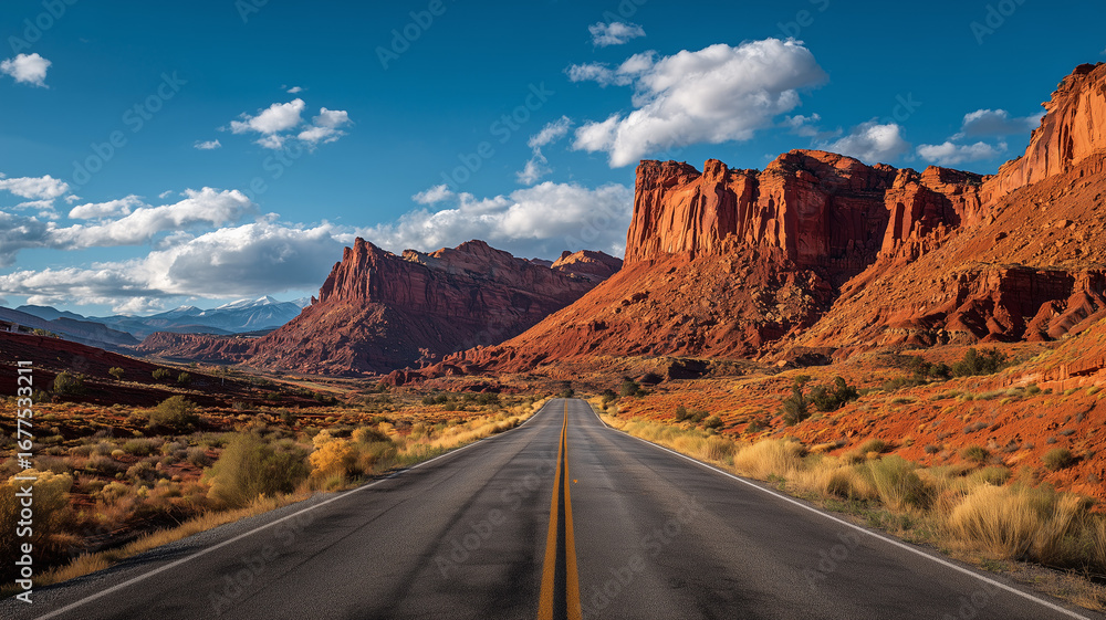 Scenic desert road stretching into the distance, surrounded by massive ...