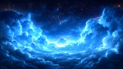 Wall Mural - a vast expanse of luminous, vibrant blue clouds illuminates the night sky, dotted with twinkling sta