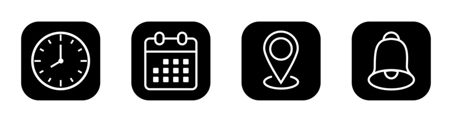 Frame Date, time, and location UI icon set with clock, calendar, and address symbols, editable stroke outline style, modern clean vector illustration