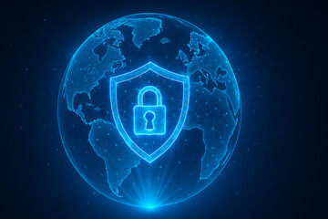 Wall Mural - blue digital shield icon positioned at the center of a transparent Earth
