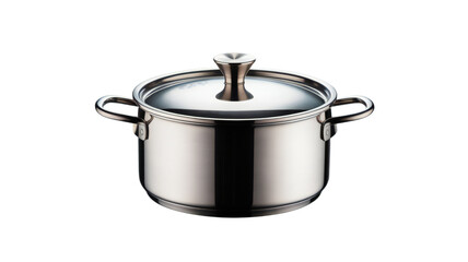 A gleaming stainless steel cooking pot with a fitted lid and two side handles isolated on transparent background