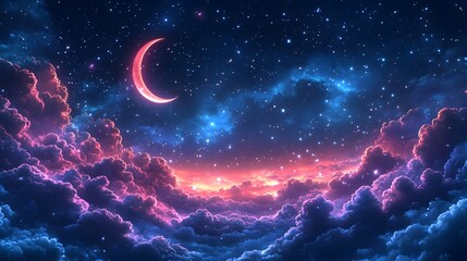 Wall Mural - a vibrant celestial scene depicts a crescent moon bathed in radiant starlight, illuminating clouds o
