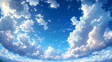 Wall Mural - a vibrant digital illustration depicts a wide-open expanse of a clear, cerulean sky, dotted with flu