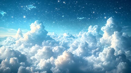 Wall Mural - a breathtaking view of fluffy clouds against a vibrant night sky speckled with sparkling stars.