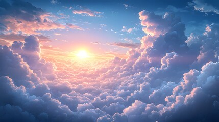 Wall Mural - a breathtaking view of cumulus clouds, lit by a radiant sunset, showcasing a serene and vibrant sky.