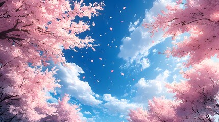 Wall Mural - a vibrant springtime scene showcases blossoming cherry trees against a backdrop of a partly cloudy s